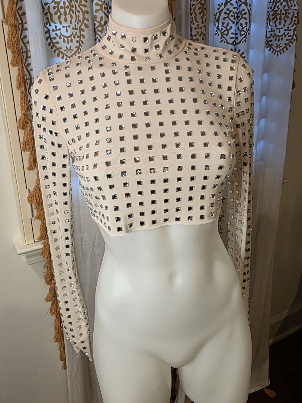 NBD Blush Pink Studded Long-Sleeve Crop Top